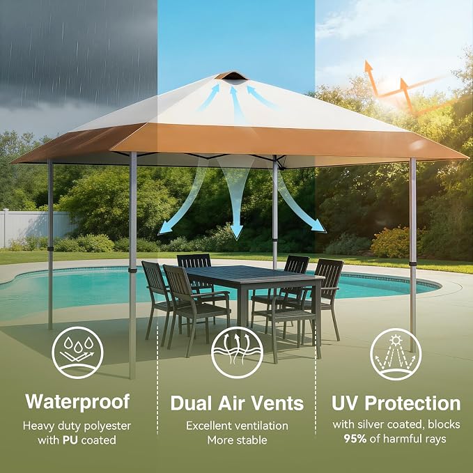 HYPER VENTURE 13x13ft Pop Up Canopy Tent with One Push Setup, Portable Outdoor Event Shelter with Rolling Carry Bag for Camping, Beach, Market, Patio (Brown)