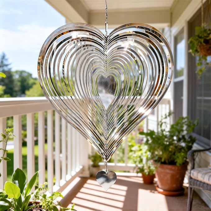 Wind Spinner 12-Inch Outdoor Decoration Gift for Mom | Hanging Yard Art, Garden Decoration for Outdoor and Indoor, Gift for Grandma and Women, 3D Heart, Stainless Steel, 2 Pack