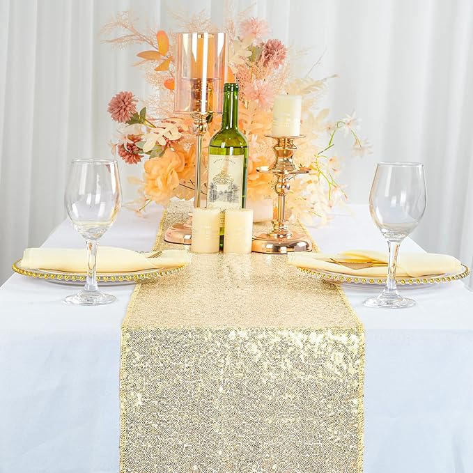 ShinyBeauty Light Gold Table Runners 12x108-Inches Pack of 2 Sequin Table Runners Glitter Table Cloth Runner for Wedding Christmas Table Decor Rectangle Table Covers for Bridal Shower Special Events