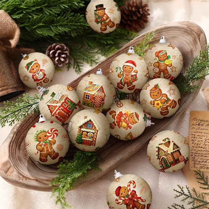 Outus 16 Pcs Christmas Tree Ball Ornaments Vintage Gingerbread Christmas Decorations for Tree Colorful Xmas Decorative Hanging Ornaments for Farmhouse Home Fireplace Decoration Holiday Party Favors