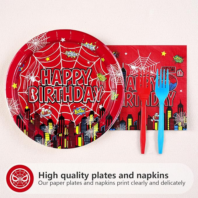 Grencian 96Pcs Cartoon Spider Birthday Party Decorations Red Blue Spider 5th Birthday Party Plates Disposable Super Theme Paper Tableware Set for Spider Kids 5 Year Old Supplies, Serves 24