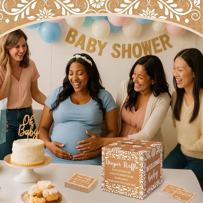 Teling 51 Pieces Diaper Raffle Tickets with Card Box Baby Shower Decorations Gender Reveal Holder Box for Girl Boy Diaper Raffle Party (Cielito Lindo)