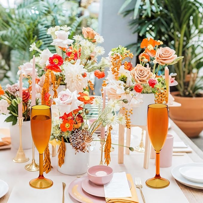 Champagne Flutes 5.4OZ Plastic Champagne Glasses Wine Glasses 24Pcs Plastic Goblets for Parties Mimosa Bar Glasses Stemmed Drinking Cups for Wedding Celebration Christmas Birthday Bride (Amber)