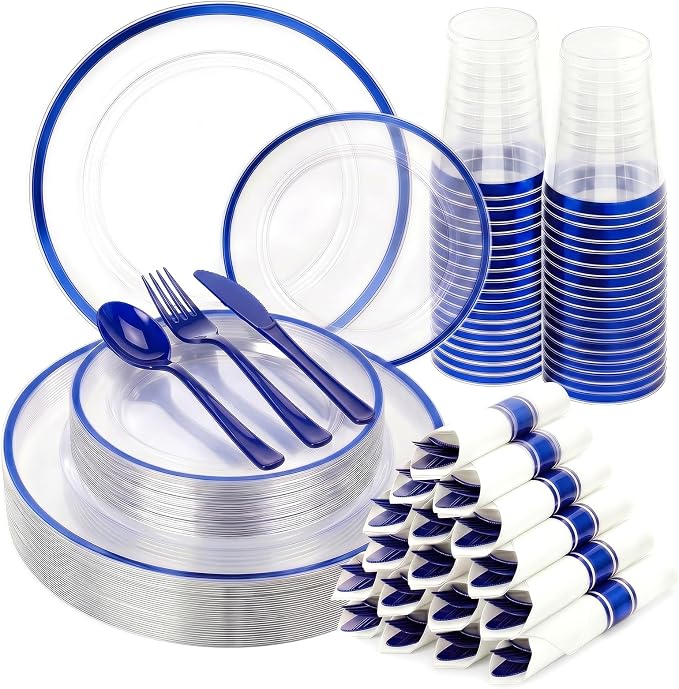 350pcs Plastic Plates for Party Clear & Blue | Disposable Plastic Dinnerware Set for 50 Guests Include 100 Plastic Plates,50 Cups & 50 Pre Rolled Napkins with Cutlery Set