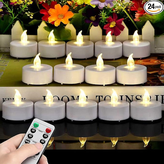Hanzim Tea Light Candles with Remote Control,Flickering Flameless LED Candle,Long Lasting 400+Hours,Battery Operated with Timer for Home Decoration Seasonal &Festival Celebration WarmWhite (24pcs)