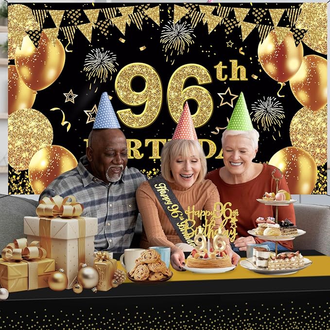 96th Birthday Decorations Men Women with 96th Birthday Banner, Black and Gold Table Cloth, Number Balloons, Large Sash, Cake Topper and Candles