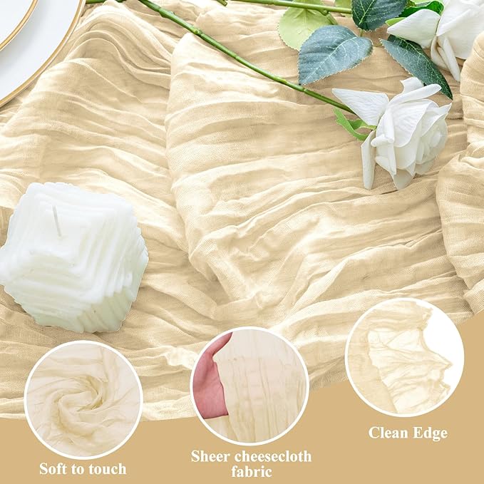 6PCS Table Runner Cheesecloth 10FT Beige Boho Gauze Cheese Cloth Rustic Sheer Table Runners for Wedding Bridal Baby Shower Party Decoration