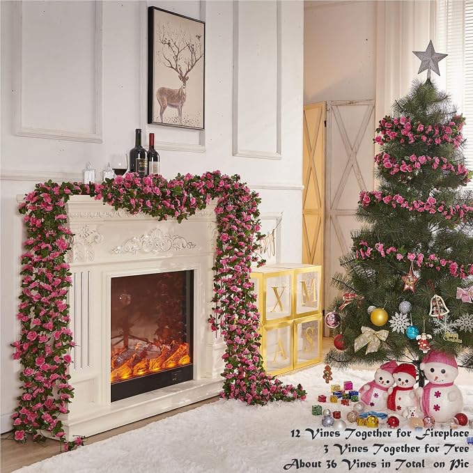 PONKING 8 Pcs x 8.2 ft Flower Garland Artificial Rose Vine Flowers with Green Leaves Hanging Fake Roses Vine for Room Party Home Wedding Birthday Christmas Wall Arch Decor, Spring Magenta Flower