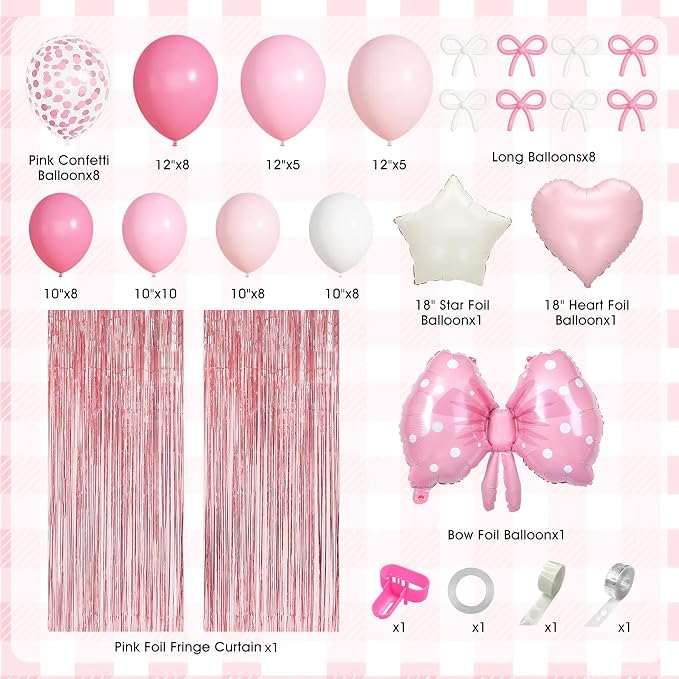 Pink Bow Birthday Party Decorations, Coquette Bow Light Pink and White Confetti Long Balloons Happy Birthday Banner Fringe Curtain Tassel Pompoms for Women Girls Theme Baby Shower Party Supplies