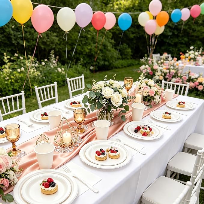 White Plastic Plates for Party,Disposable White Party Supplies,30 of Each 9" Dinner,7" Dessert Plate,Napkins,Cups,Forks and 1 Tablecloth Dinnerware for Birthday Wedding All Occasion