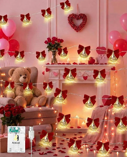 AceList Disco Ball String Lights with Removable Red Bows, 20 LED 1.6" Large Mirror Balls, Battery Box/USB Fairy Lights for Christmas Tree, 70s Party, Bedroom, Outdoor Camping