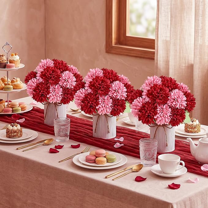 Pre-Made Flower Table Centerpieces, Set of 6 Artificial Silk Chrysanthemum with Metal Vases for Wedding, Birthday Parties, Home Decoration (Burgundy & Dusty Pink, Set of 6 Floral Arrangement)