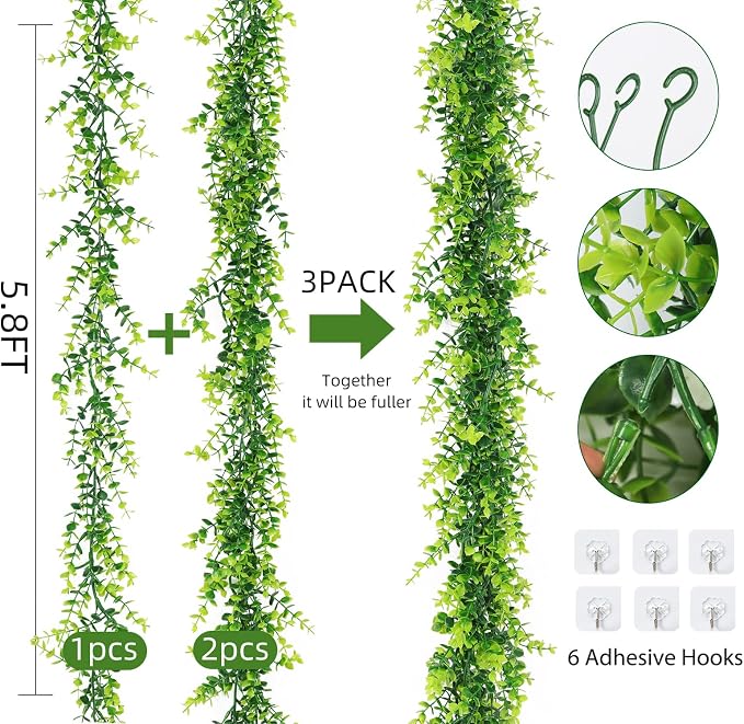 RECUTMS Artificial Eucalyptus Garland - Fake Greenery Leaves Vine Garlands Faux Hanging Plants 3 Packs for Home Garden Mantle Table Wedding Backdrop Arch Wall Decoration
