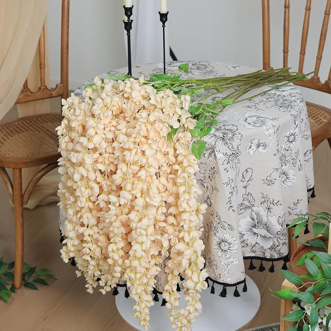 mizii 6Pcs Beige Wisteria Hanging Flowers 48" Silk Wisteria Artificial Flowers Garland Vines Fake Hanging Flowers Decoration for Wedding Flower Wall Backdrop Centerpieces Party Room Decor (Beige)