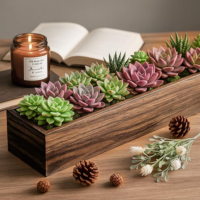 Dandat 6 Set Wooden Boxes for Centerpieces 16x4 Inch Rectangle Wooden Planter Box Rustic Wood Planter with Removable Plastic Liner Floral Foam Blocks for Centerpieces Home Wedding Garden Decor