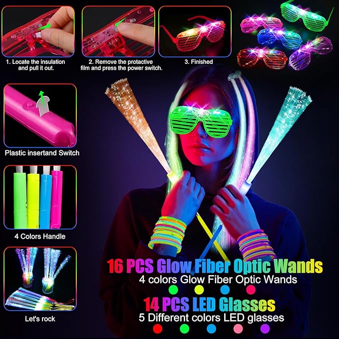 OLUPP 148 PCS Glow in the Dark Party Supplies, 16 Fiber Optic Wands, 14 LED Glasses, 100 Glow Sticks and 18 LED Hair Clips Fiber Optic for Neon Party, Wedding, Birthday, Concert, New Year