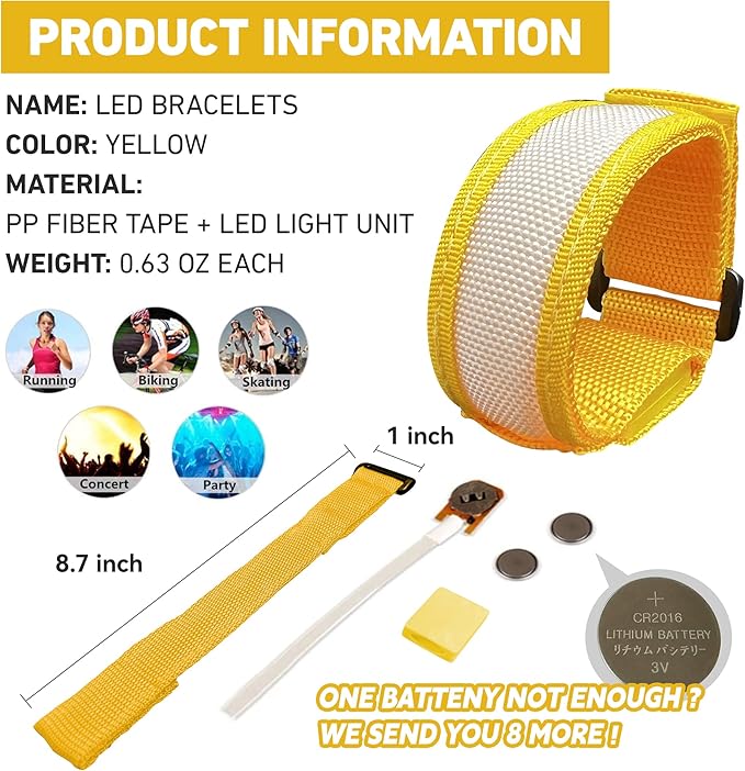 KIRALUMI 8 PCS LED Glow Bracelets, Light Up Wristbands - Halloween Glow in The Dark Party Bracelets Favors Supplies for Christmas, Concerts, Festivals, Game Prizes, Sports, Rave Accessories（Yellow）