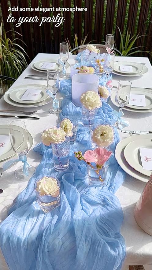 10 Pack Light Blue Cheesecloth Table Runner 17x108 Inch Semi Sheer Boho Gauze Cheese Cloth Table Runners, for Wedding Bridal Shower Birthday Party Home Decor Garden Farmhouse
