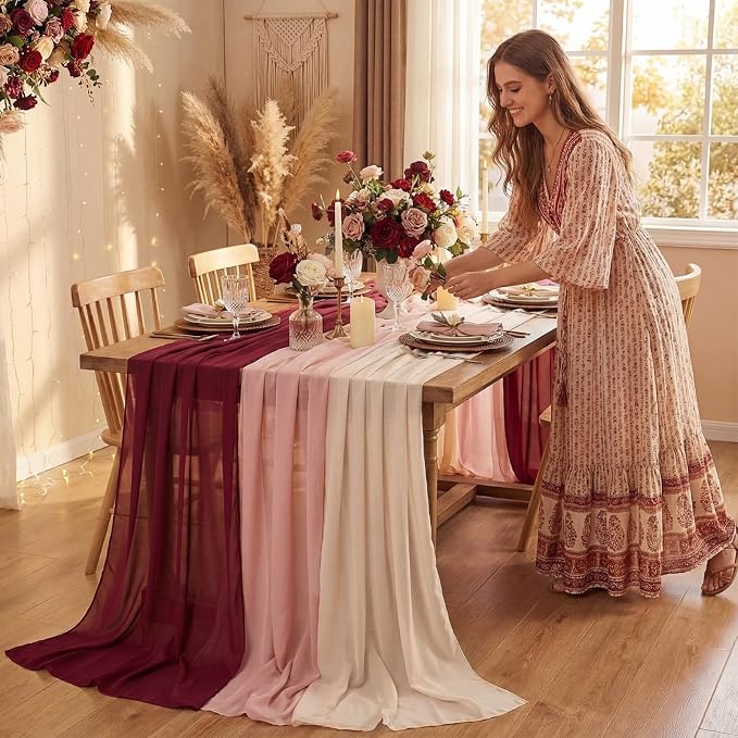 Boao 6 Pcs Burgundy Party Decorations Table Runner Cloth 10Ft Boho Sheer Rustic Fabric for Wedding Birthday Party Baby Bridal Shower Graduation Dawn Sunset Decor
