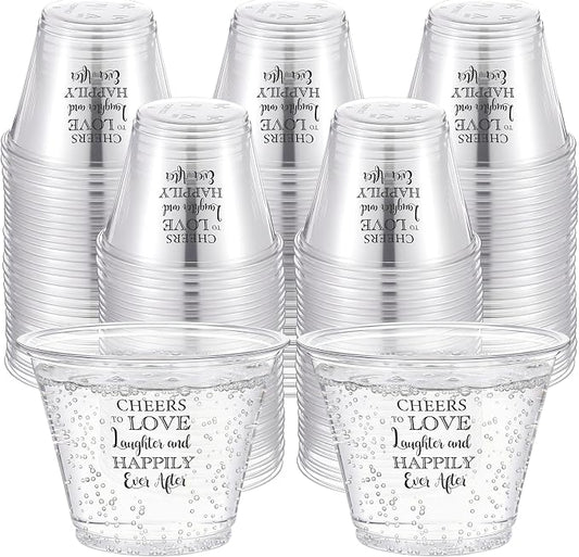 LemonRoad 100 Pack Wedding Cups 9 oz Cheers to Love Disposable Clear Plastic Cocktail Cups Hot Cold Beverage Drinks for Guests, Wedding Reception Bridal Shower Decorations Party Favors