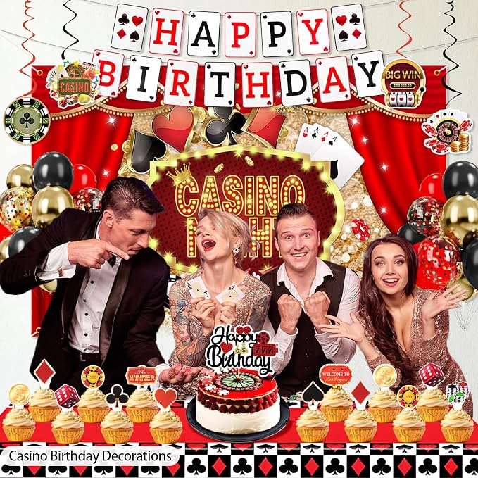 Casino Birthday Decorations - Casino Theme Birthday Backdrop, Banner, Hanging Swir, Latex & Foil Balloons, Cake & Cupcake Toppers for Poker Party Decorations
