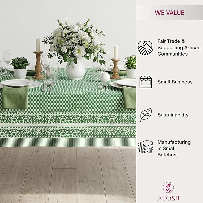 ATOSII Queen Green 100% Cotton Tablecloth, Handblock Print Rectangle Table Cover for Kitchen Dining I Tabletop Linen I Parties, Thanksgiving, Christmas, Wedding, Fall Table Cloth 60 X 90 Inches