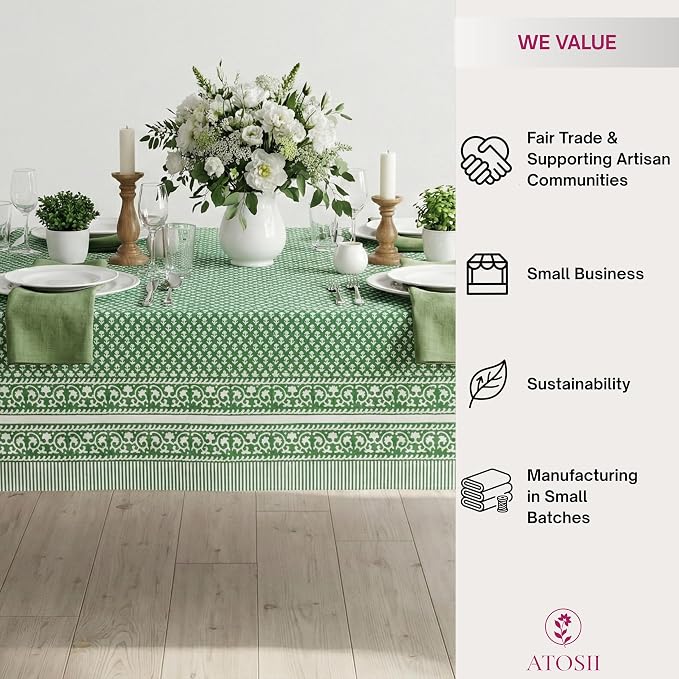 ATOSII Queen Green 100% Cotton Tablecloth, Handblock Print Square Table Cover for Kitchen Dining I Tabletop Linen I Parties, Thanksgiving, Christmas, Wedding, Fall Table Cloth 60 X 60 Inches