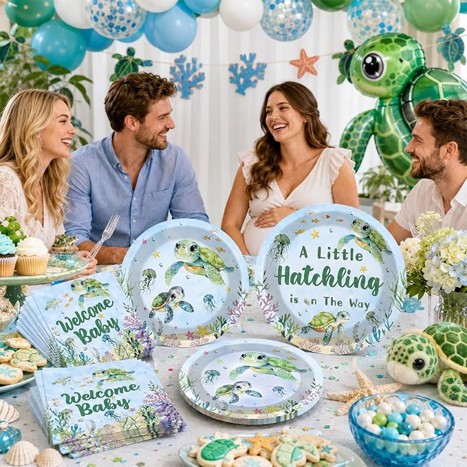 96 Pcs Sea Turtle Baby Shower Party Decorations A Little Hatchling is on The Way Paper Plates and Napkins Forks Under The Sea Ocean Party Supplies for Welcome Baby Shower Birthday Serves 24 Guests