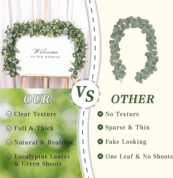 4 Pcs Greenery Garland,5.9Ft Eucalyptus Garland,Faux Flower Garlands Silk Eucalyptus Leaves,Fake Vines for Table Centerpieces Wedding Decorations,Outdoor DIY Front Door Wreath