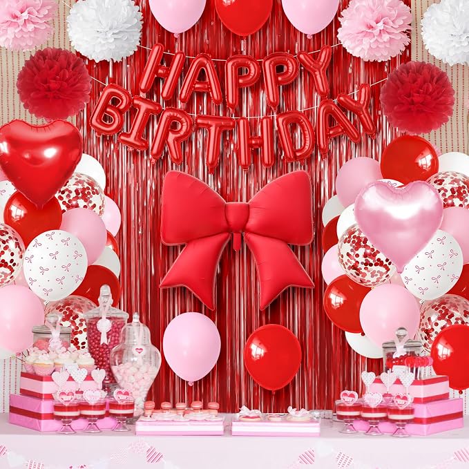 Red Pink Bow Birthday Decorations for Women Girls, Happy Birthday Balloon Banner with Bow and Heart Foil Balloons Fringe Curtain Tissue Paper Pompoms Garland Party Supplies