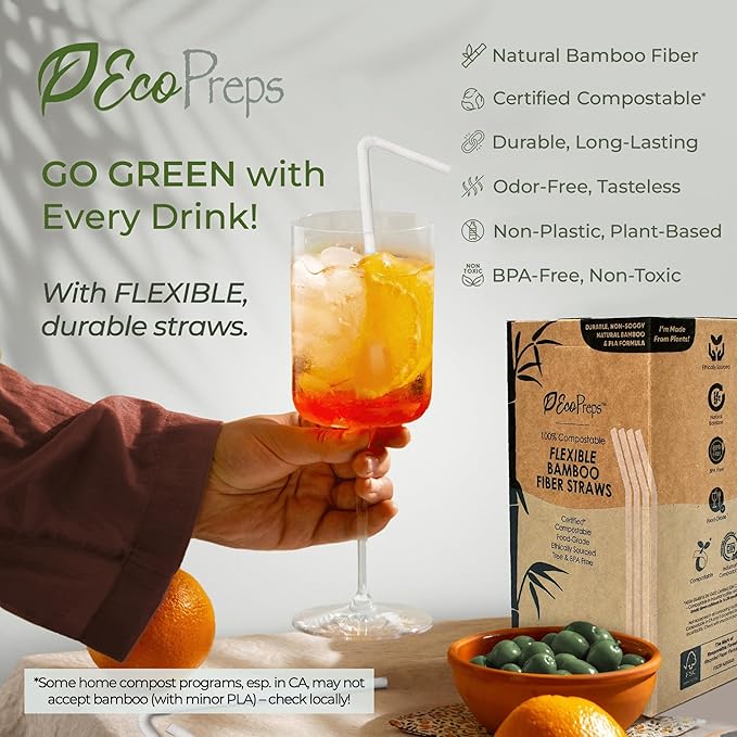EcoPreps Flexible Biodegradable Bamboo Fiber Straws, 300 Count | 100% Compostable, Plastic-Free, Eco-Friendly Drinking Straws for Cold Drinks | 7.8'' Bendable, Disposable Bamboo Fiber Straw (300 PCS)