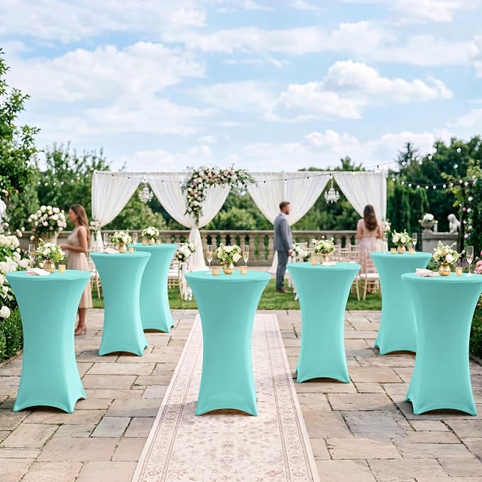 Cocktail Table Covers-Spandex Round High Top Table Cloths 6 Pack 32x43 Inch-Aqua Blue Stretch Fitted Bar Tall Tablecloth for Pub Bistro Highboy Party Banquet Height Folding Satnding Tables
