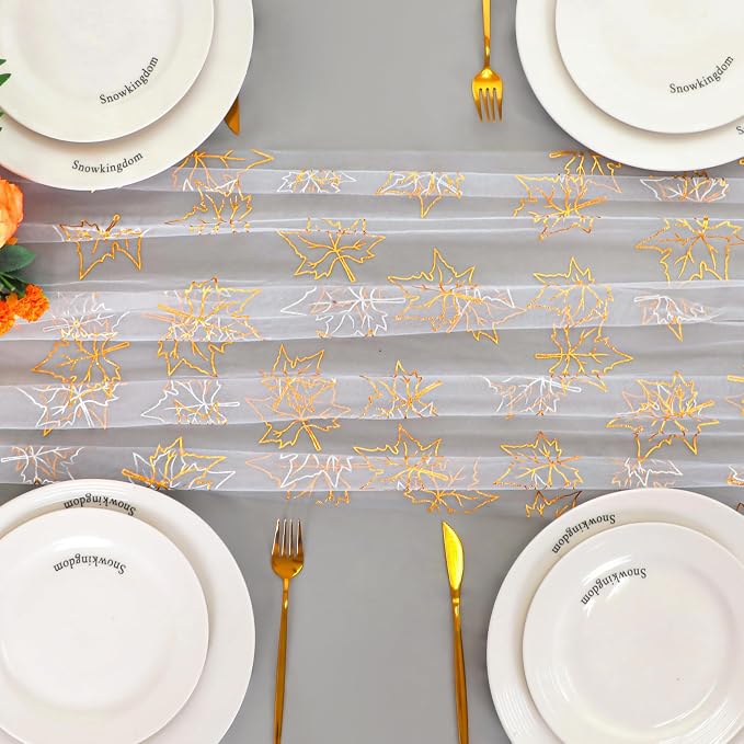 Snowkingdom 10ft Fall Table Runner, Gold Maple Leaves Thanksgiving Table Decorations, White Gauze Chiffon Sheer Cheesecloth Runner for Autumn Harvest Glitter Sparkle Dining Party Decor 120 Inches
