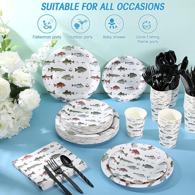 Ziliny 350 Pcs Fishing Party Supplies Tableware Set Disposable 9'' 7'' Paper Plates 9 oz Cups Cutlery Napkins Dinnerware Set for 1st Birthday, Serve 50 (Fishing Birthday, White, Red)