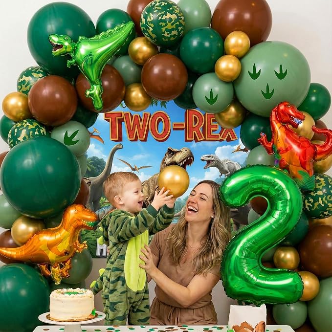 Dinosaur Two-Rex Birthday Decorations include Hunter Green Brown Gold balloon arch & small Dino Foil balloons & backdrop & footprint stickers for Kids Boys Jungle Safari Dino 2rd Party Supplies