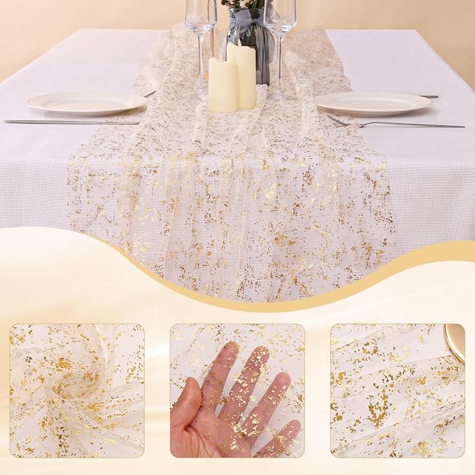 BINBE 3PCS Gold Table Runner 10Ft Gold Sheer Table Runner Chiffon Fabric Cheesecloth Sequin Glitter Table Runner for Wedding Birthday Bridal Shower Party Decor