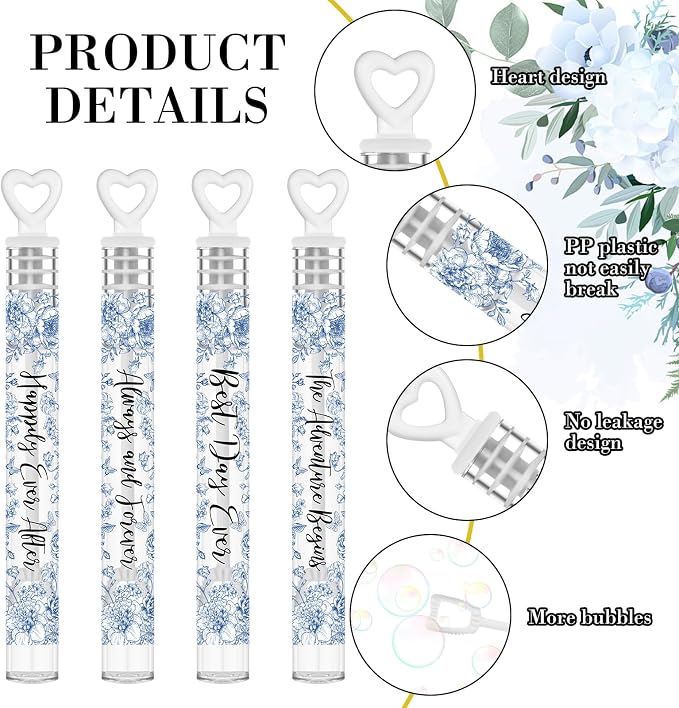 Hollowfly 120 Pack Blue Flower Wedding Mini Bubble Wands for a Wedding Bulk White Heart Bubble for Guests Send Off Wand Adults Bridal Exit Shower Party Supplies Valentine Anniversaries Celebration