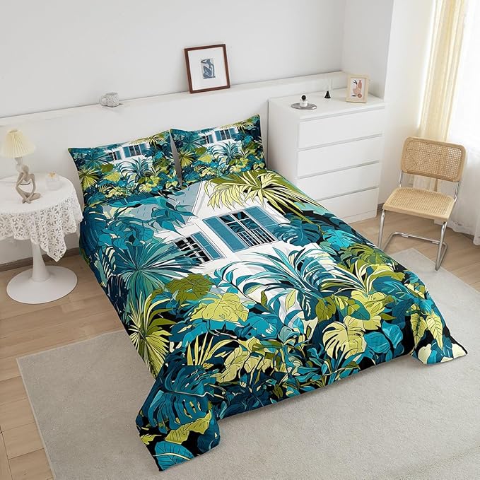 jejeloiu Palm Leaf Comforter Set King Size Kids Tropical Leaves House Bedding Set for Boys Girls Summer Botanical Branches Nature Theme Duvet Quilt Room Decor
