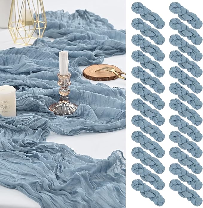 24 Pack Dusty Blue Cheesecloth Table Runner ,10FT Cheese Cloth Table Runner for Wedding Decor, 20x120inch Rustic Boho Gauze Table Runners for Wedding Party Bridal Shower