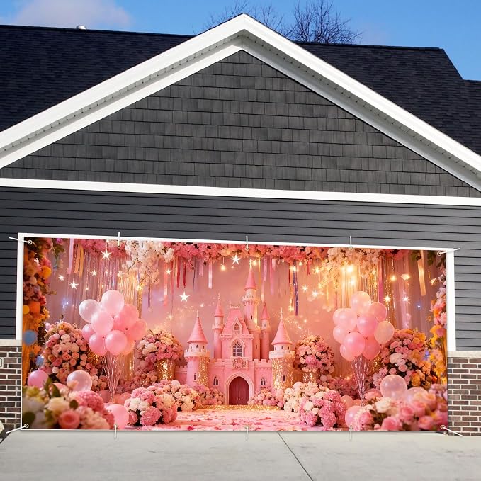 Valentine‘s Day Romantic Floral Garage Door Banner 7x16ft Waterproof -Pink Balloon Backdrop for Mother's Day, Wedding & Anniversary,Photo Booth Background Wall Decor