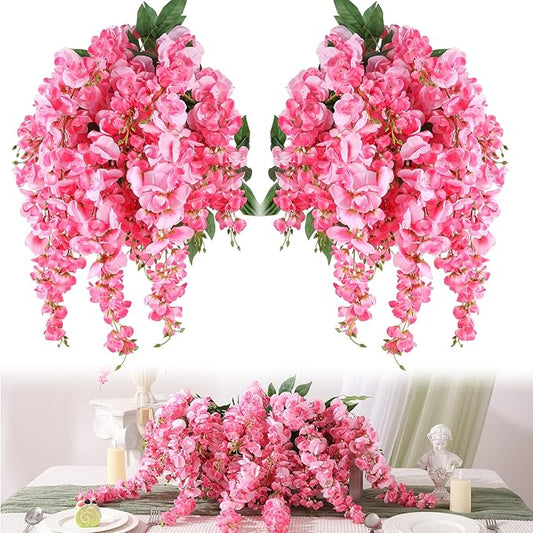 Wisteria Hanging Flowers, Spring Fake Flower for Vase, 4Pcs Silk Wisteria UV & Fading Resistant Faux Plants for Wedding Arch Backdrop Outdoor Patio Garden Decoration Centerpiece Table (Pink)