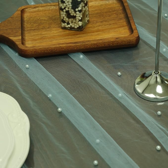 Set Of 6 Pearl Table Runner 10ft, 29 X 120 Inch Light Blue Tulle Table Cover, Pearl Sheer Table Runner For Wedding Party Baby Shower Birthday Home Decor