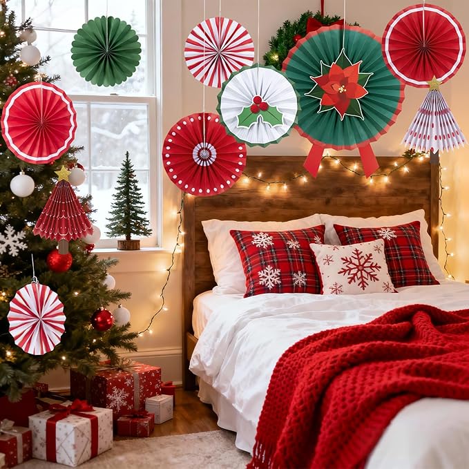 SUNBEAUTY 15PCS Christmas Hanging Paper Fan Decorations with Poinsettia Flowers Christmas Trees with Star Topper Red Green Christmas Wall Decor for Xmas Holiday Party Home Backdrop