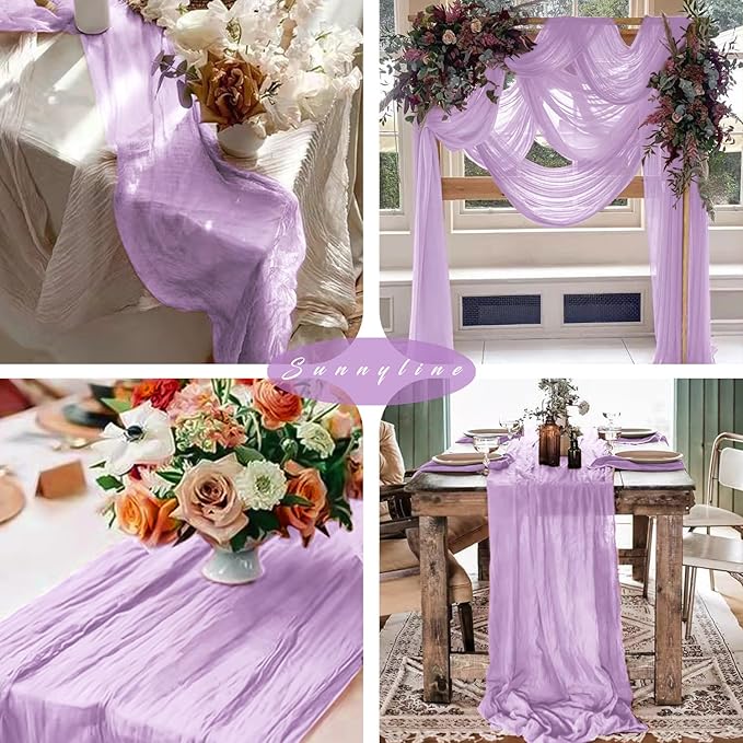 12 Pieces Lilac Cheesecloth Table Runner 10FT Pink Runner for Tables Gauze Fabric Boho 35 x 120 Inches Long Table Runner Decoration Rustic Sheer Runner for Wedding Baby Birthday Party Lilac