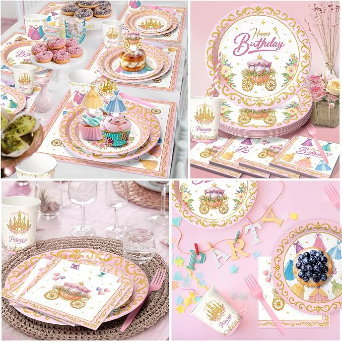 Princess Birthday Party Decorations – 199 PCS Princess Party Supplies for 24 Guests, Includes Plates, Cups, Napkins, Tablecloth, Castle Banner, Balloons, Cupcake Toppers, Tiara & Sash