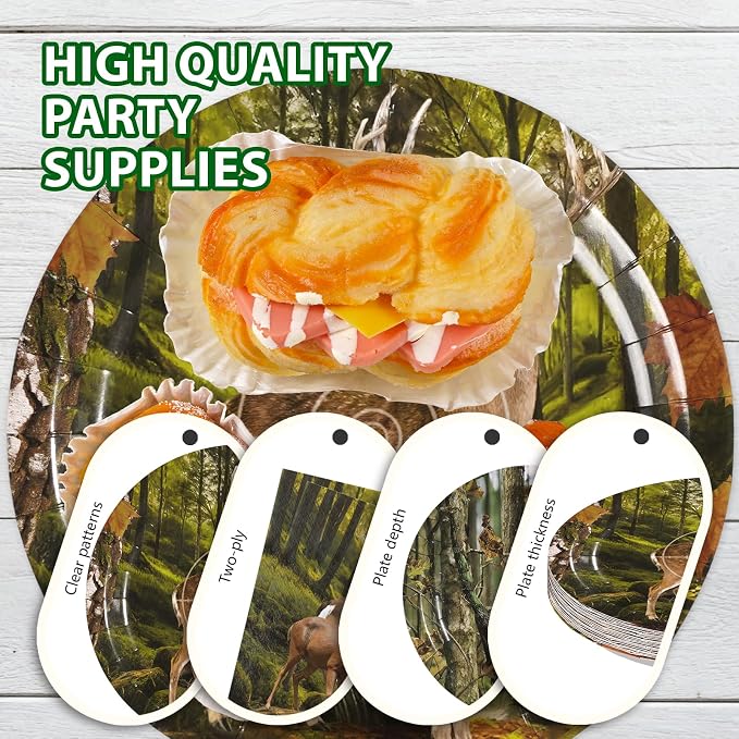 168Pcs Hunting Deer Camo Party Decorations Woodland Deer Plates Napkins Cups Forks Knives Spoons Hunting Themed Tableware Set for Hunter Outdoor Camping Picnic Camouflage Party Supplies Serves 24