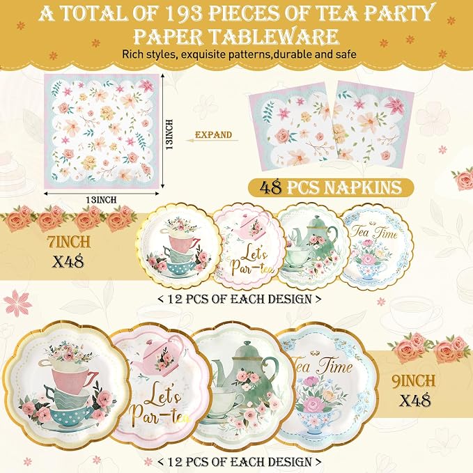 Yungyan 193 Pcs 48 Guests Tea Birthday Party Supplies Disposable Tableware Set 9 oz Paper Cups with Handle 7" 9" Paper Plates Napkin Tablecloth for Party Wedding Baby Shower (Elegant Style)