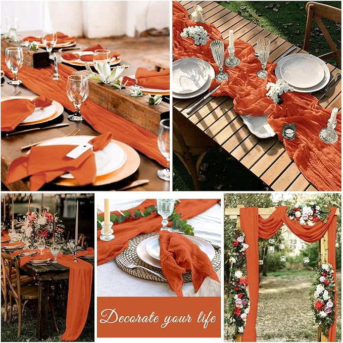 20 Pack Cheesecloth Table Runner 17 x 108 inch Long Boho Gauze Table Runners Semi Sheer Table Runner for Wedding Decor, Baby Shower, Birthday Party, Banquet (Orange)