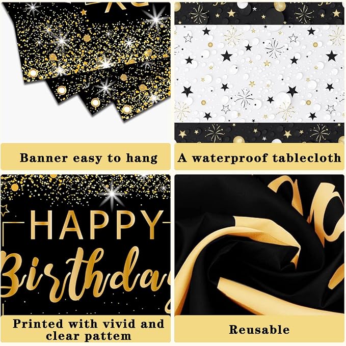 Black and Gold Birthday Decorations for Men Women | Black and Gold Party Decorations with Backdrop, Tablecloth, Confetti Balloons, Banner, Balloon Arch Kit for Birthday Party