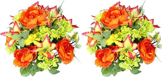 Admired by Nature 2 Pc of 24 Stems Spring Bush Artificial Hydrangea Flowers, Tiger Lily, Peony Bush Foliage Cemetery Grave Home Office Wedding Floral Arrangements Decor, Yellow Orange Beauty Kiwi